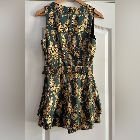 Lavender Brown silky Leopard print and green belted romper - Picture 2 of 8